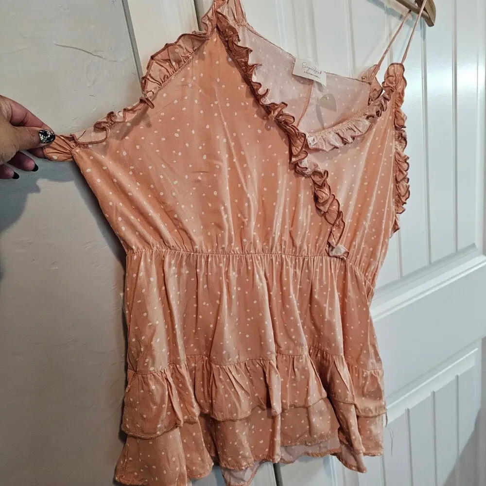Sugarfox Babydoll Blouse Women 2X Pink Polka Dot Tiered Ruffles Fairy Boho Glam